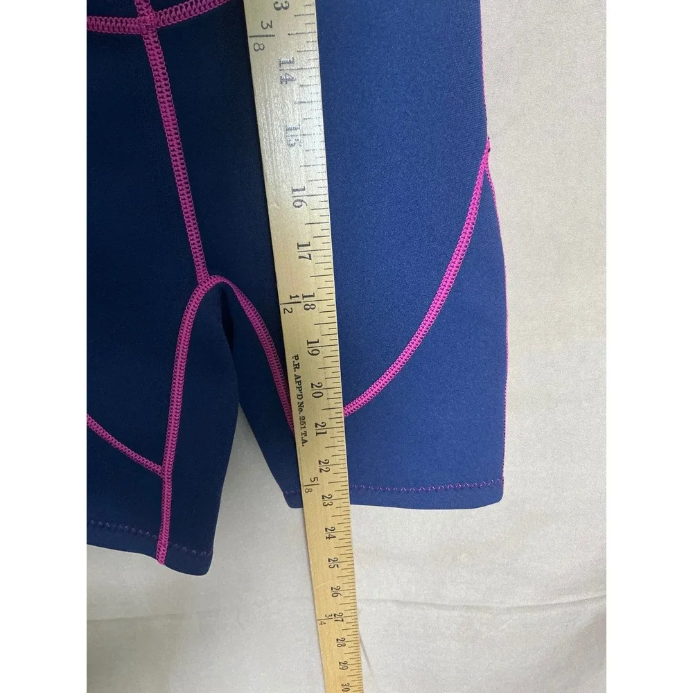 Seaskin Wetsuit Girls Size 6 Navy Blue Pink Excellent Shorty Front Zip Short Slv